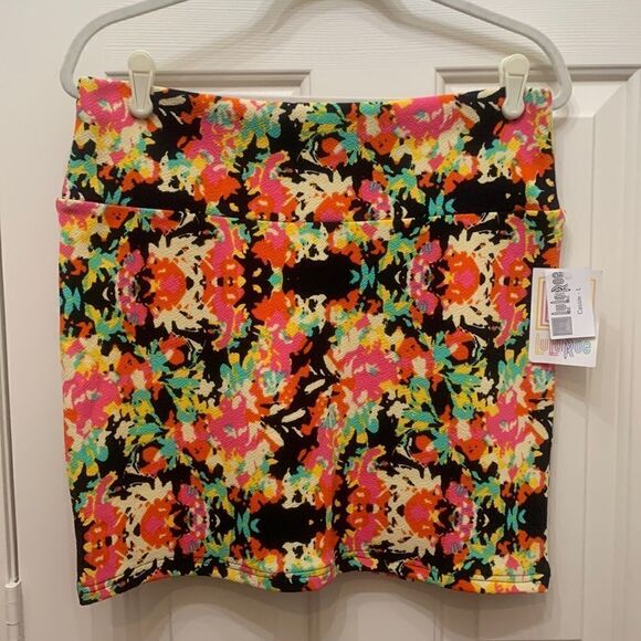 LuALaRoe Cassie Size Large Pink Yellow Black Blue Orange Stretch MIDI Skirt New - Picture 1 of 8
